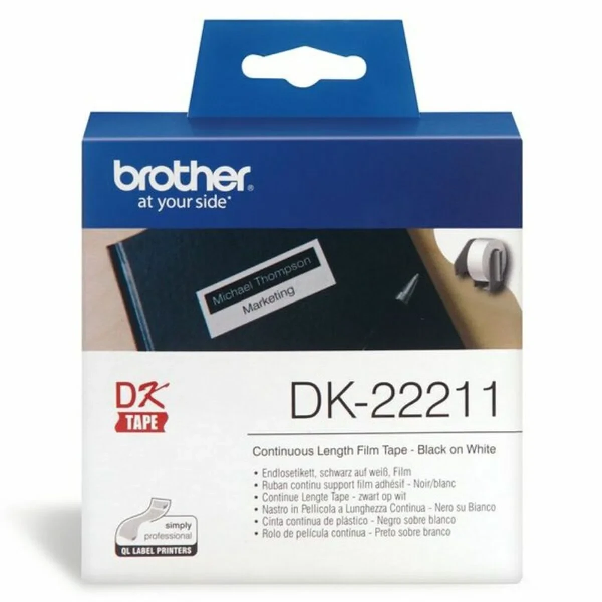 Cinta de Película Continua Brother DK22211 29 mm Negro Negro/Blanco Blanco