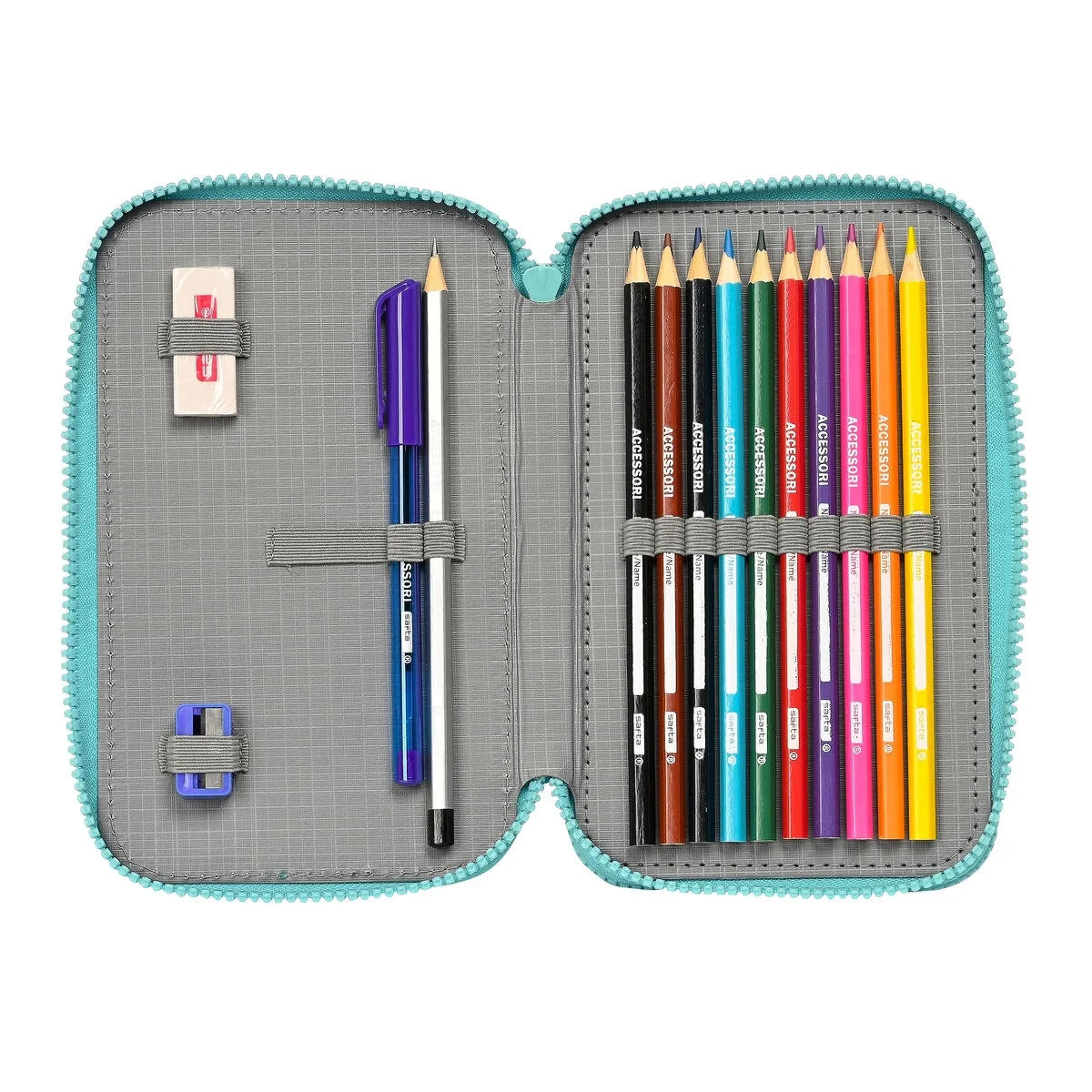 Plumier Doble Baby Shark Surfing Azul Blanco 12.5 x 19.5 x 4 cm (28 piezas)