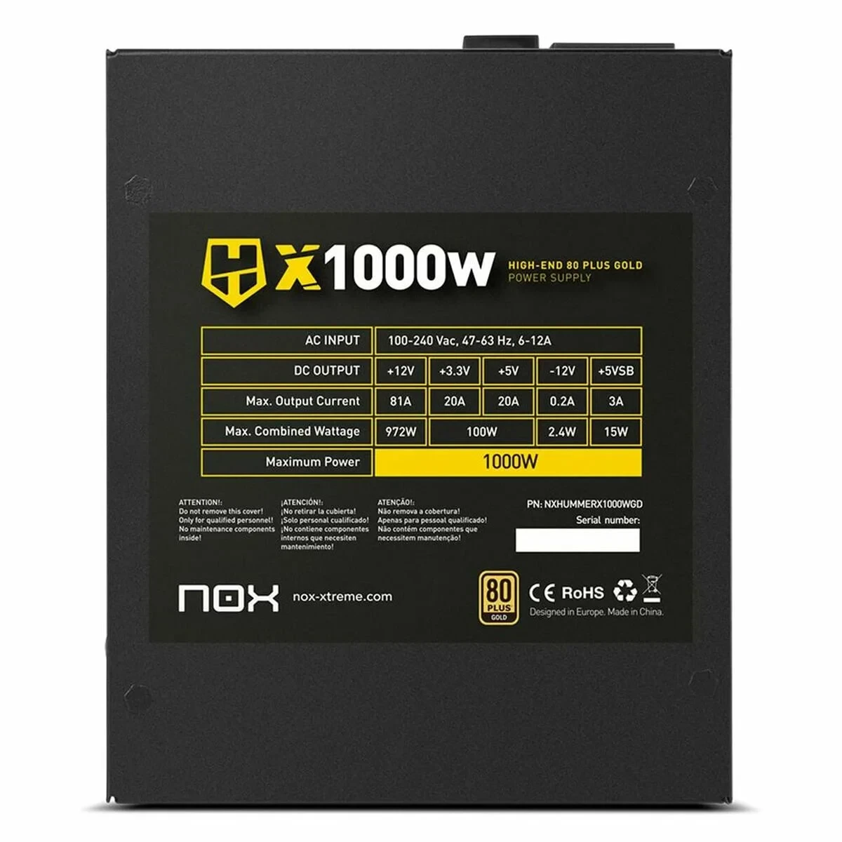 Fuente de Alimentación Nox-Xtreme NXHUMMERX1000WGD 1000 W ATX 80 Plus Gold