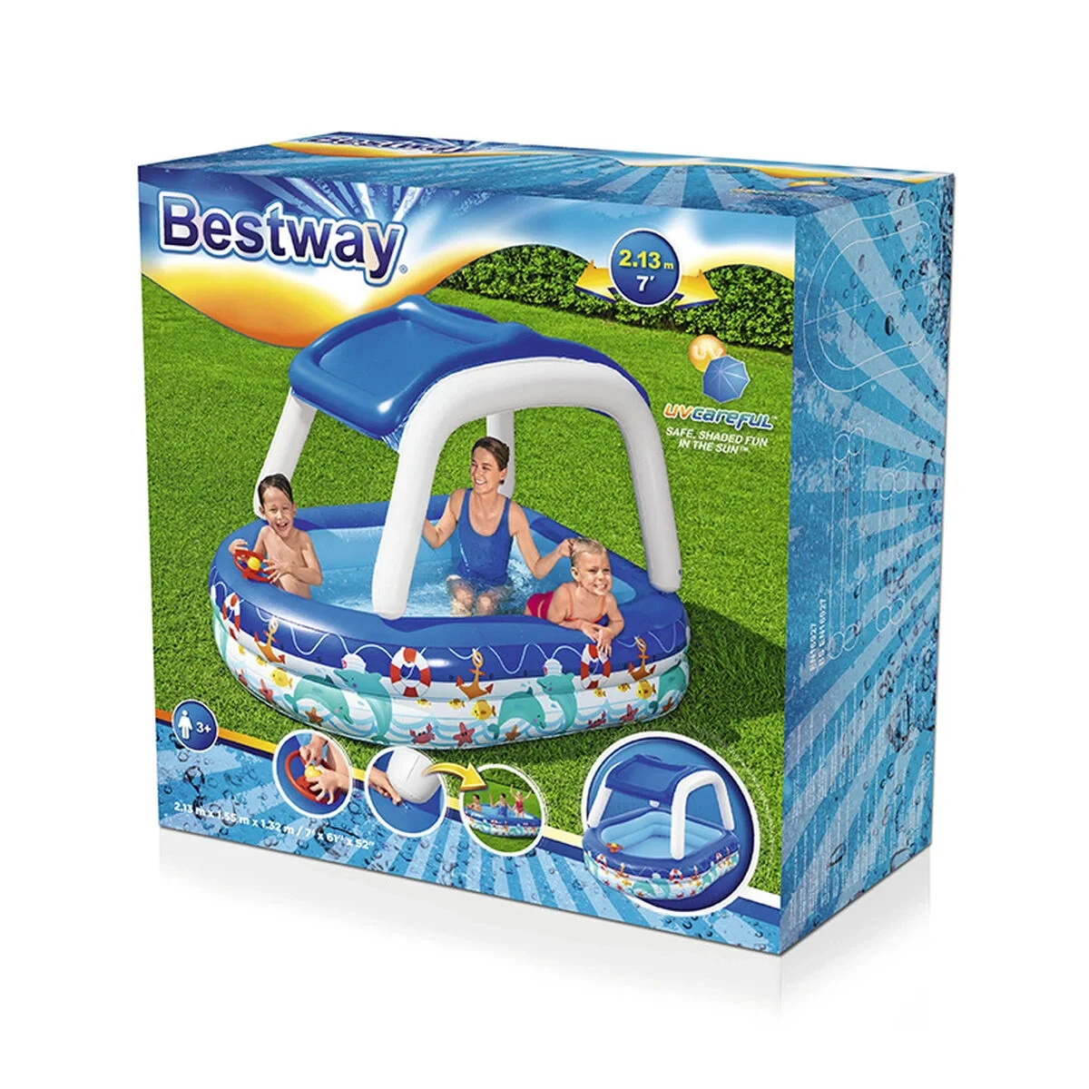 Bestway Piscina Hinchable Infantil Techo Desmontable Barco con Volante 213x155x132 cm +3 Años Jardin 54370