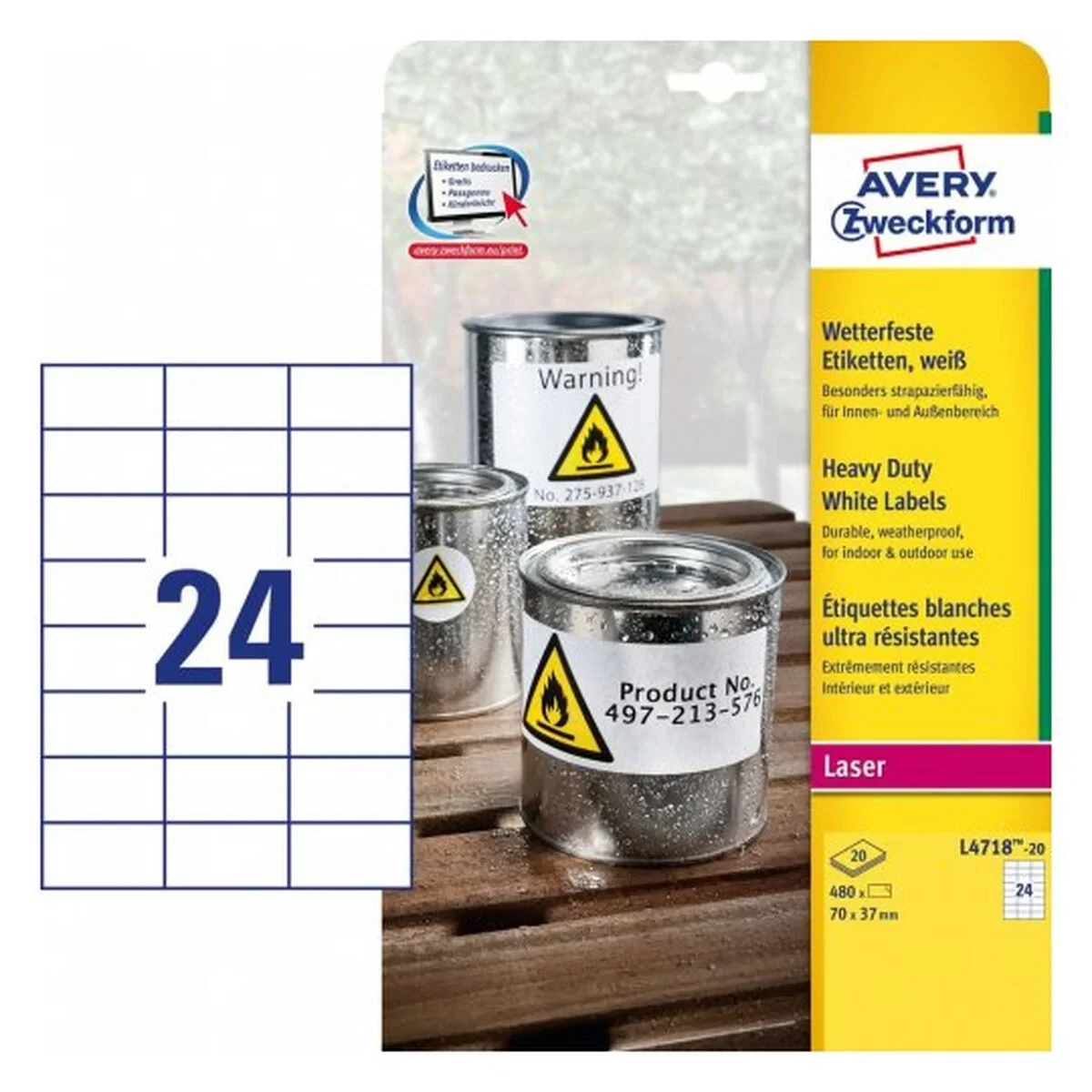 Etiquetas adhesivas Avery 20 Hojas Blanco 70 x 37 mm