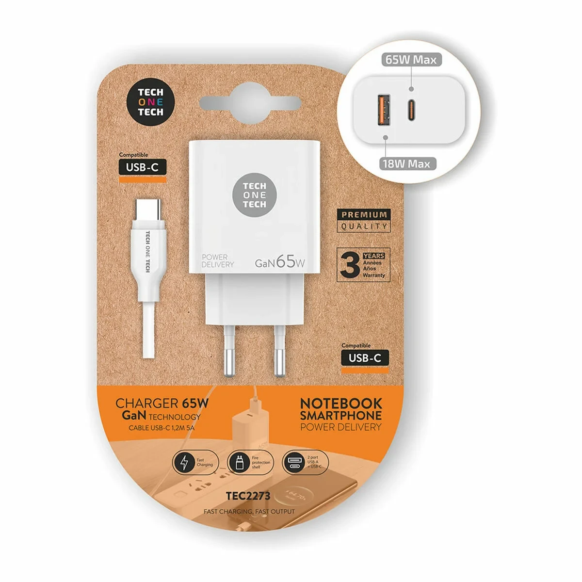 Cargador de Pared + Cable USB-C Tech One Tech TEC2273 Blanco 65 W