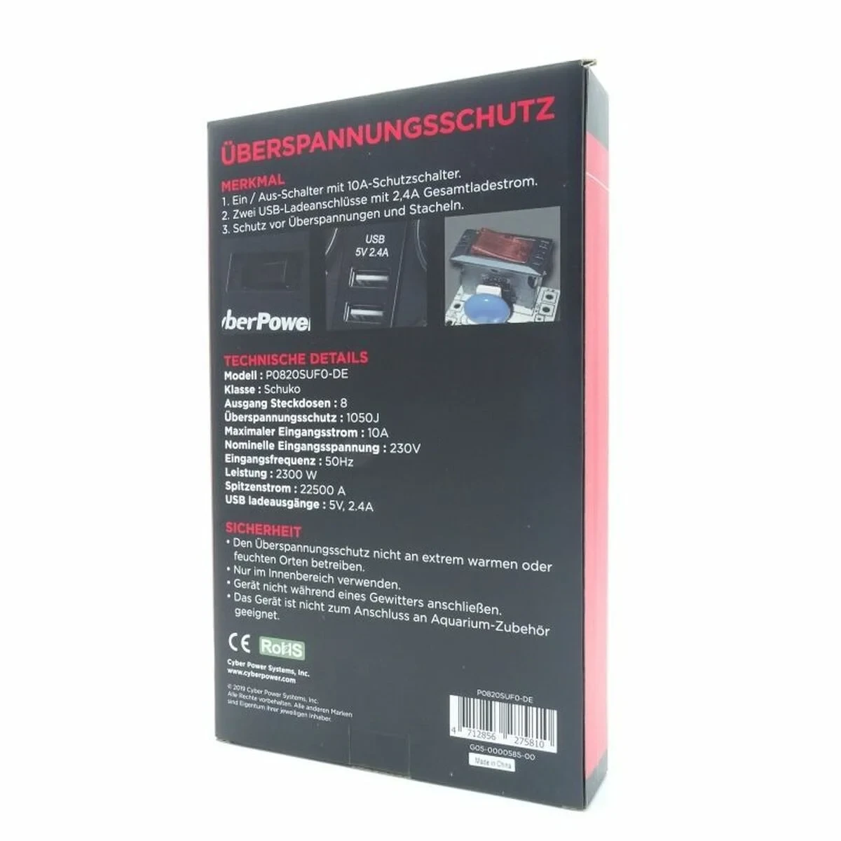 Regleta Enchufes 8 Tomas con Interruptor Cyberpower P0820SUF0-DE (1,8 m)