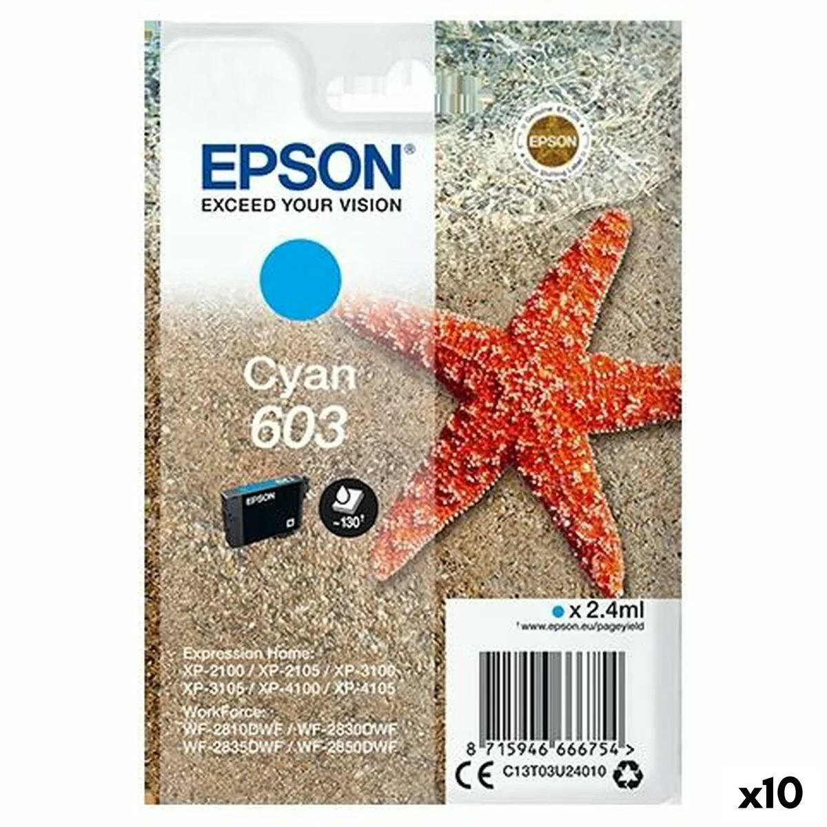 Cartucho de Tinta Original Epson XP-2100, 3100, 4100 / WF-2830DWF, 2850DW - Nº 603 Cian (10 Unidades)