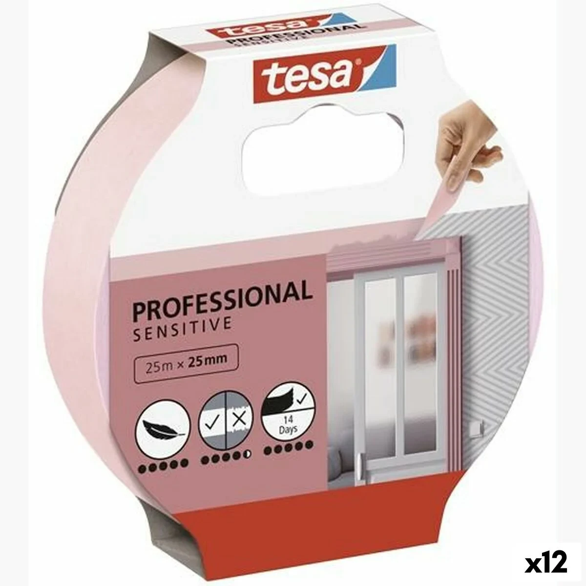Cinta Adhesiva TESA Professional Sensitive Pintor Rosa 12 Unidades 25 mm x 50 m