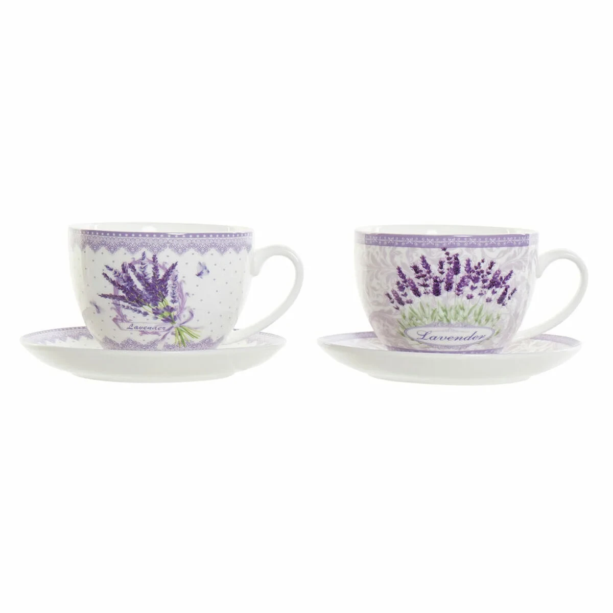 Taza con Plato DKD Home Decor Blanco Verde Lila Porcelana 220 ml (2 Unidades)