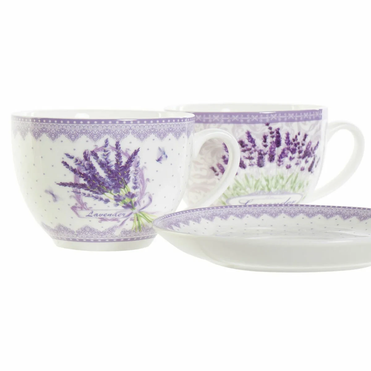 Taza con Plato DKD Home Decor Blanco Verde Lila Porcelana 220 ml (2 Unidades)