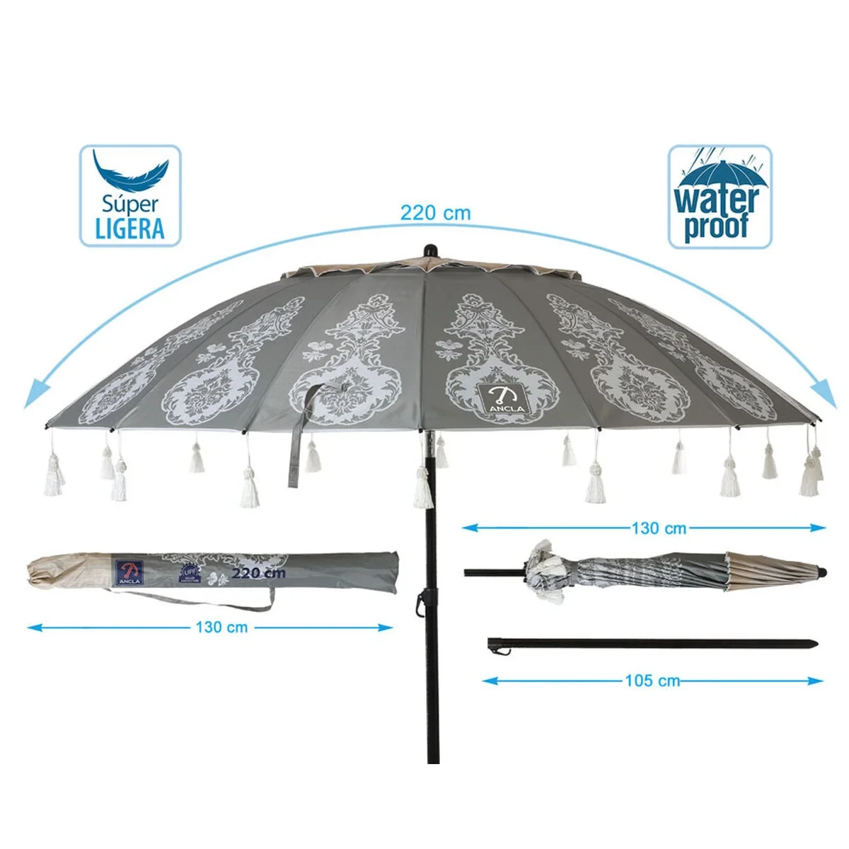 Sombrilla de playa Gris Ø 220 cm SPF50+ Boho