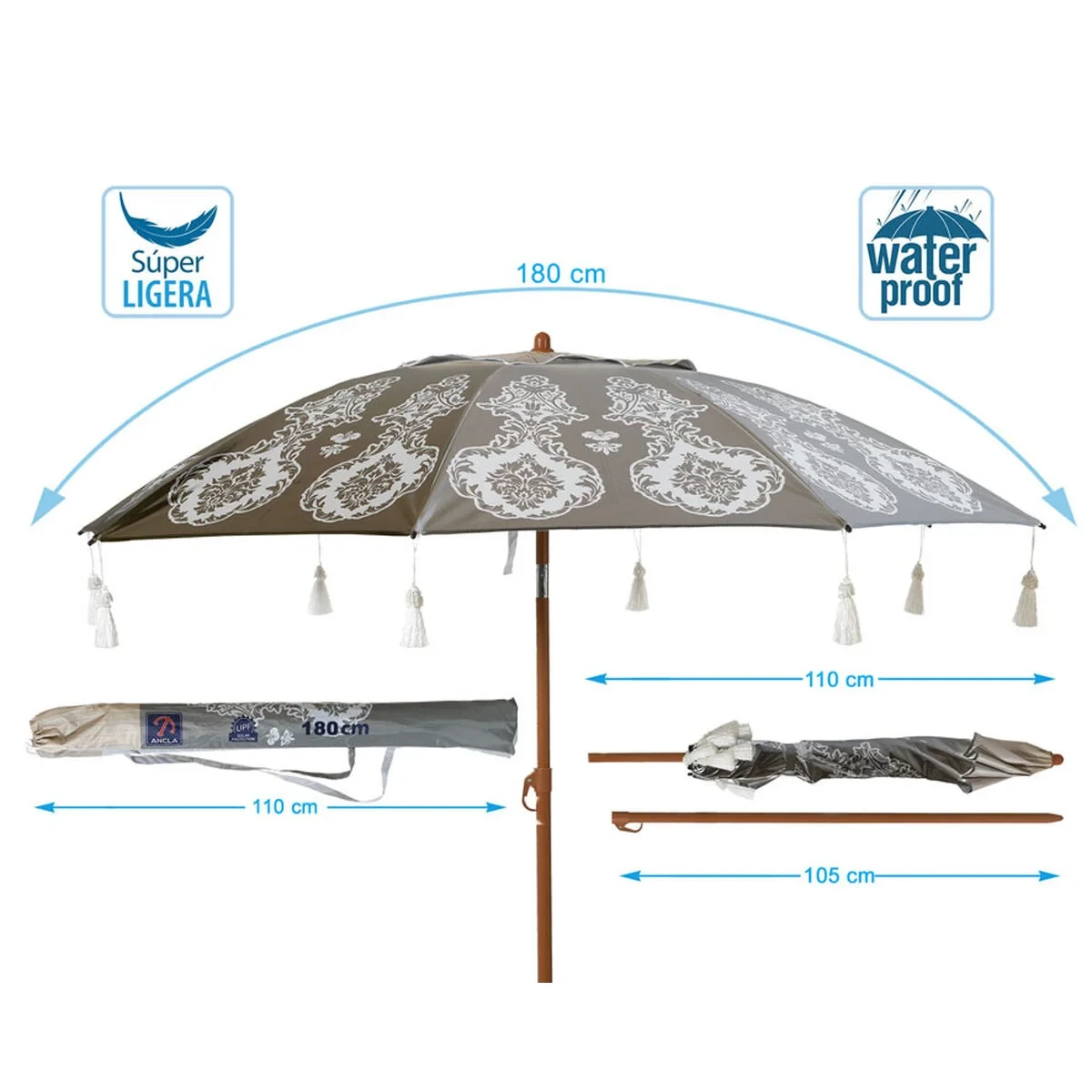 Sombrilla de playa Gris Ø 180 cm SPF50+ Boho