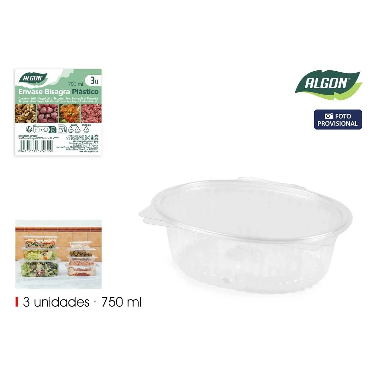 Bandejas para Alimentos Reutilizables Algon OPS 750 ml 18,7 x 15,3 x 5 cm (3 Piezas) (24 Unidades)