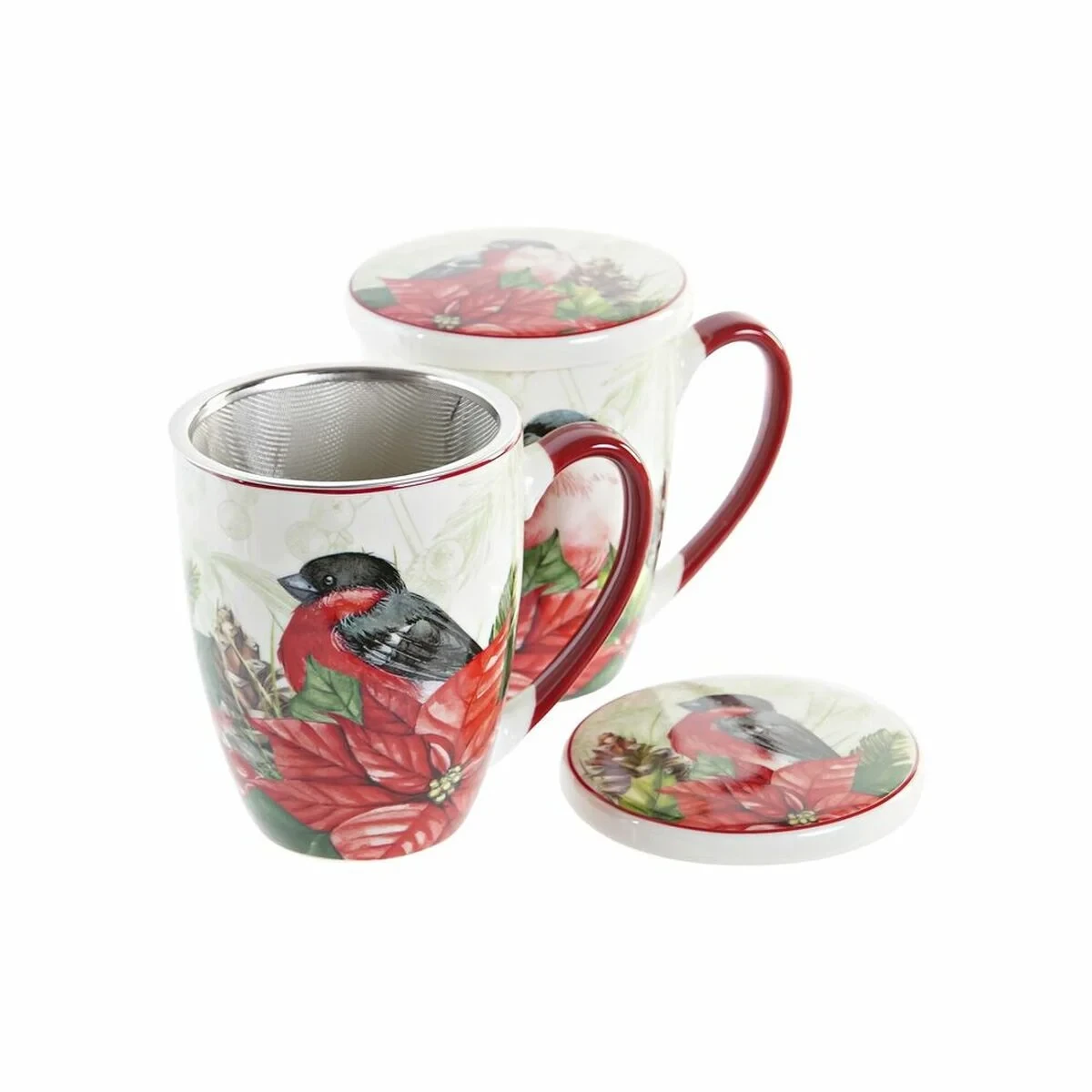 Taza para Infusión DKD Home Decor Pájaro Porcelana Rojo Verde (380 ml) (2 Unidades)