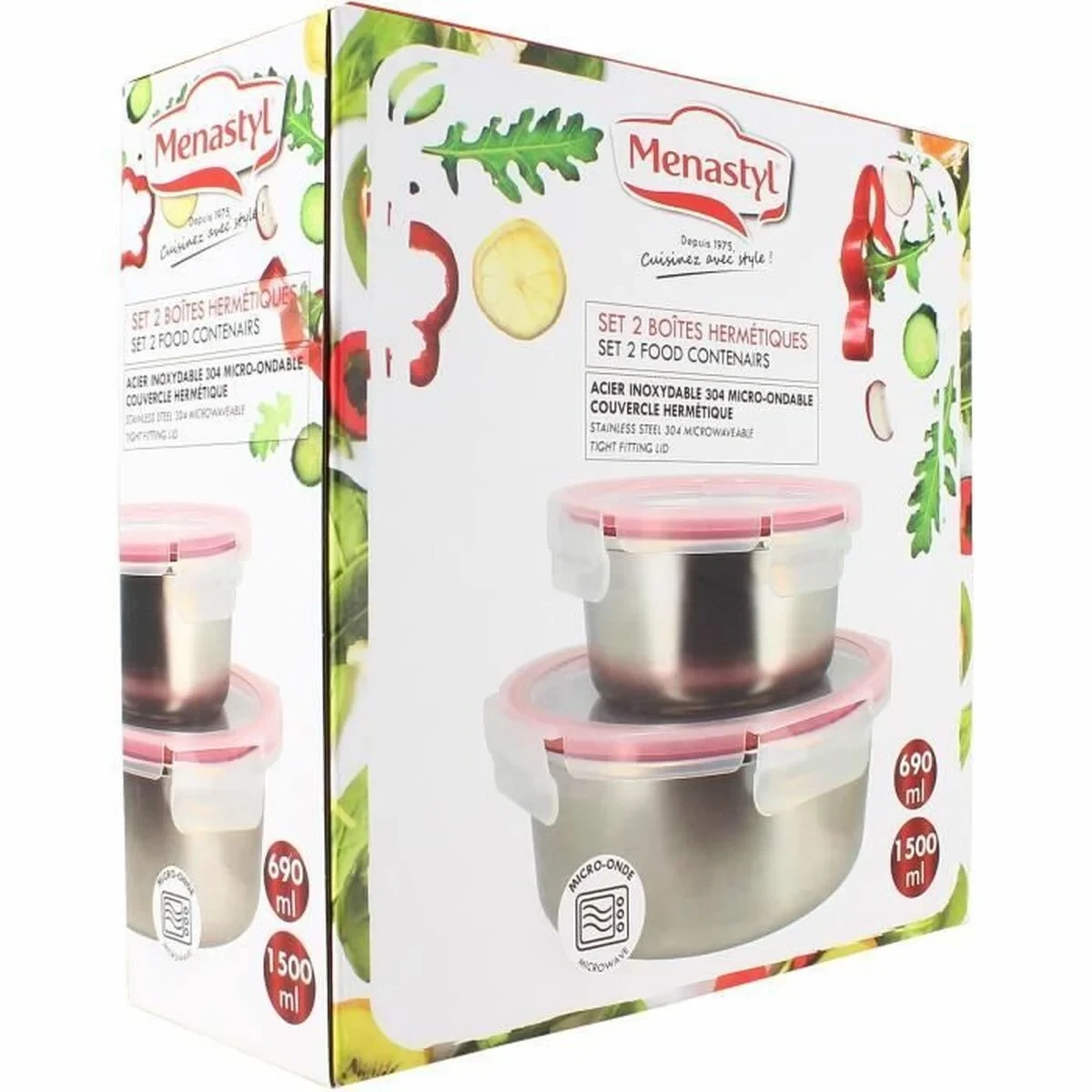 Recipiente Conservador de Alimentos Menastyl Plateado Redondo (2 Unidades)