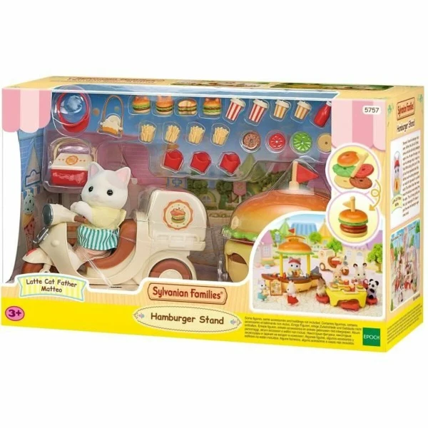 Accesorios para casa de Muñecas Sylvanian Families Puesto de hamburguesas - Papa Latte Cat y Scooter 30 piezas