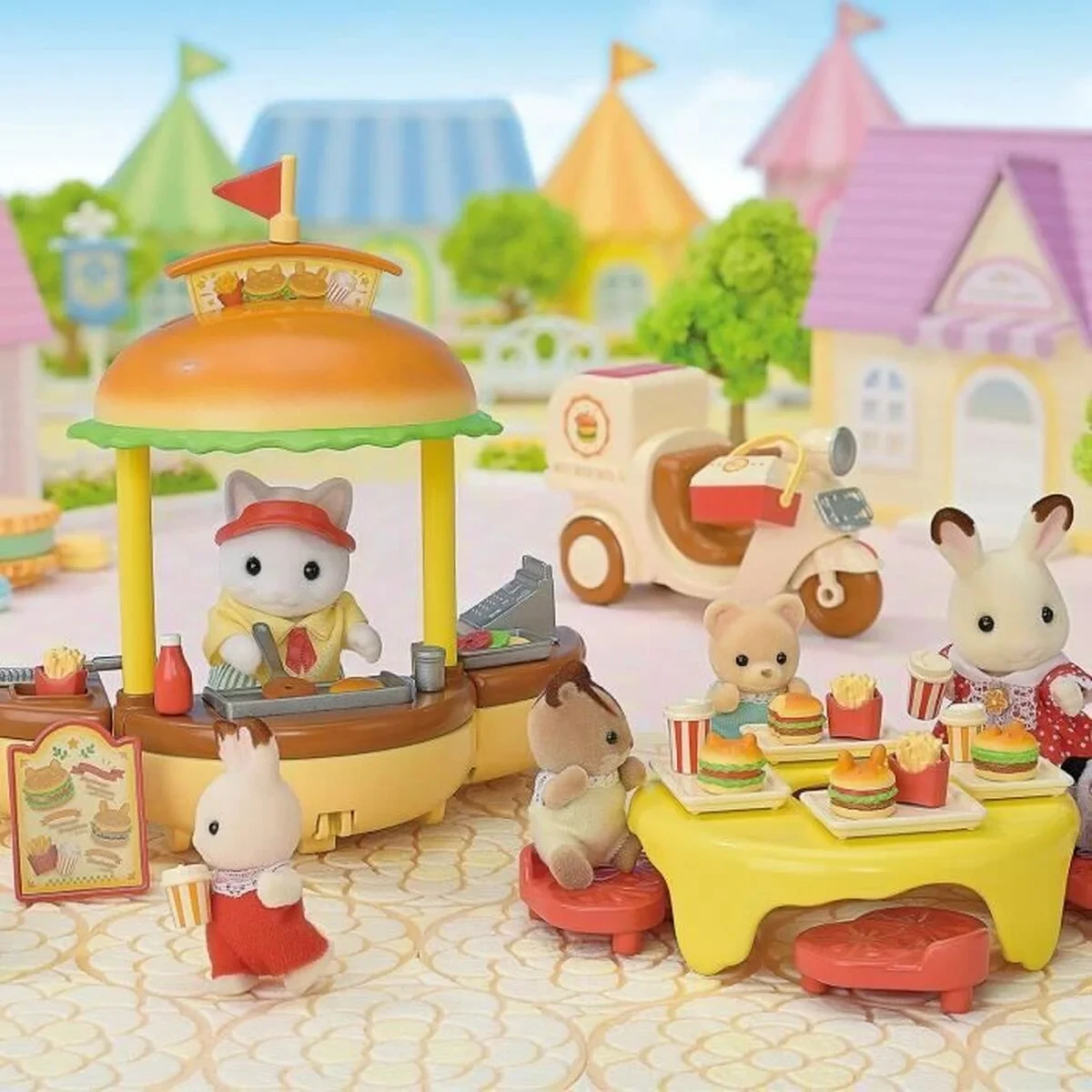 Accesorios para casa de Muñecas Sylvanian Families Puesto de hamburguesas - Papa Latte Cat y Scooter 30 piezas