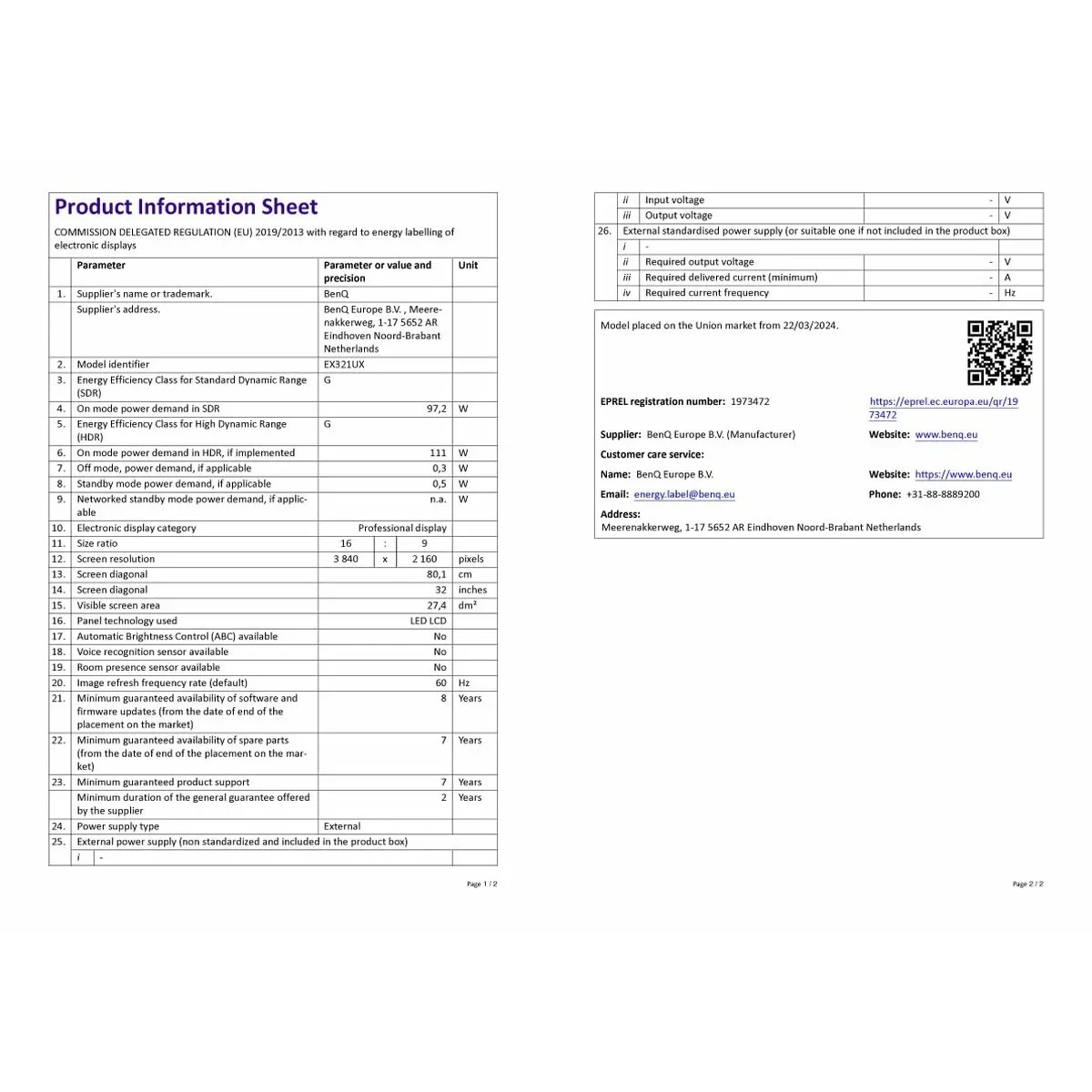 Monitor BenQ EX321UX 31,5" 4K Ultra HD