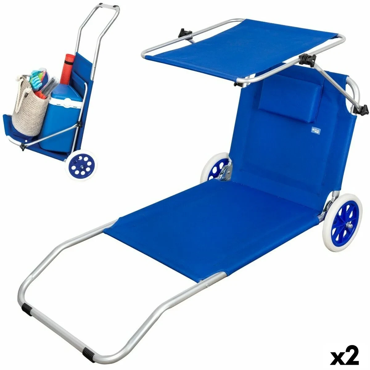 Silla Tumbona Plegable de Camping Aktive Azul 62 x 62 x 117 cm Carro plegable Toldo (2 Unidades)