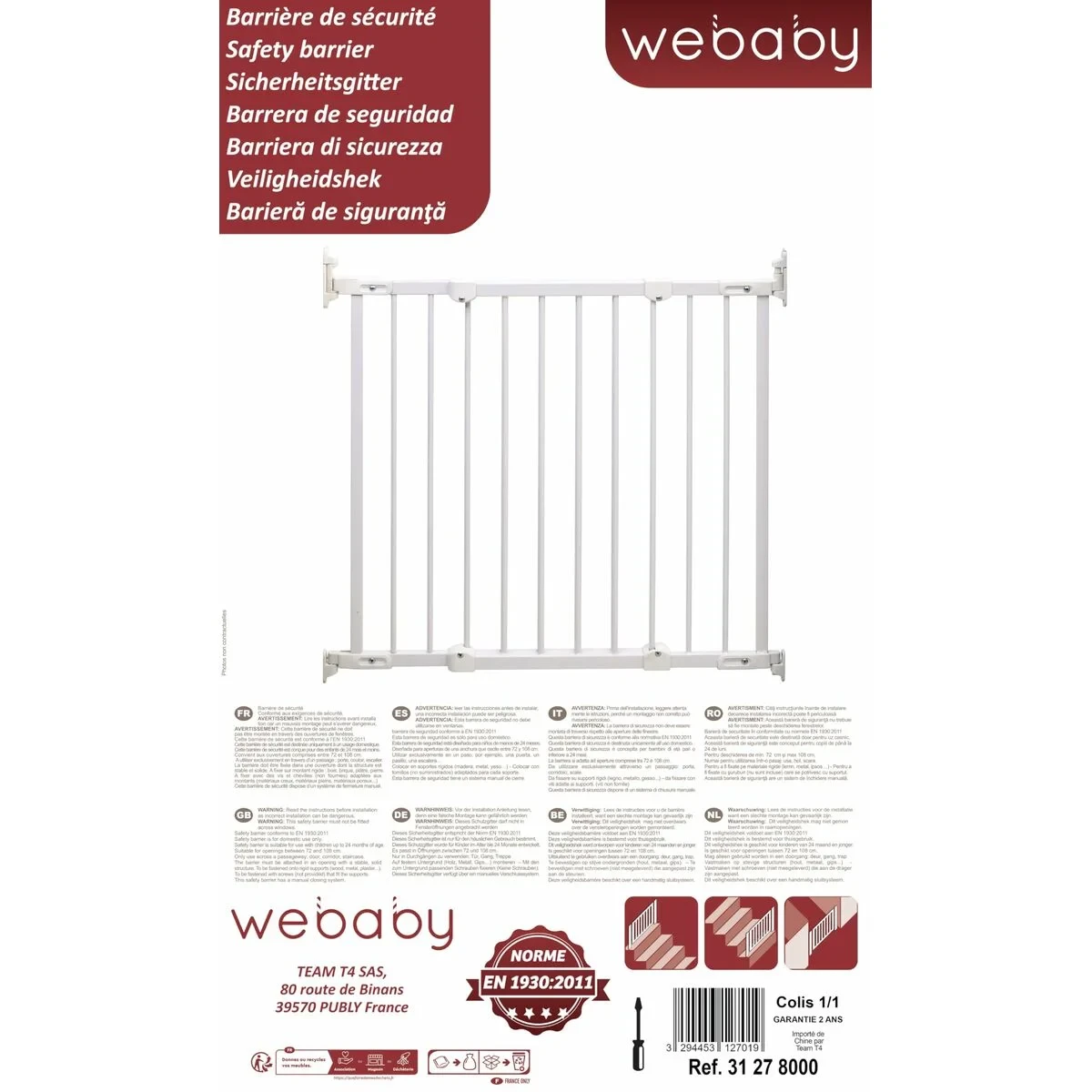 Barrera de seguridad WEBABY NONO Blanco 72-108 cm
