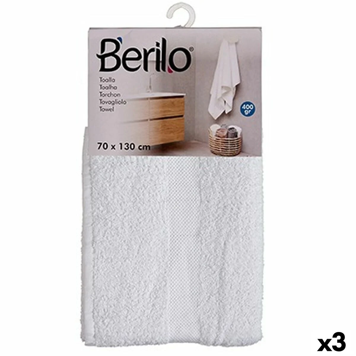 Toalla de baño Berilo Blanco 80 % algodón 20 % Poliéster 70 x 130 cm 35 x 4 x 20 cm 70 x 130 x 0,2 cm (3 Unidades)