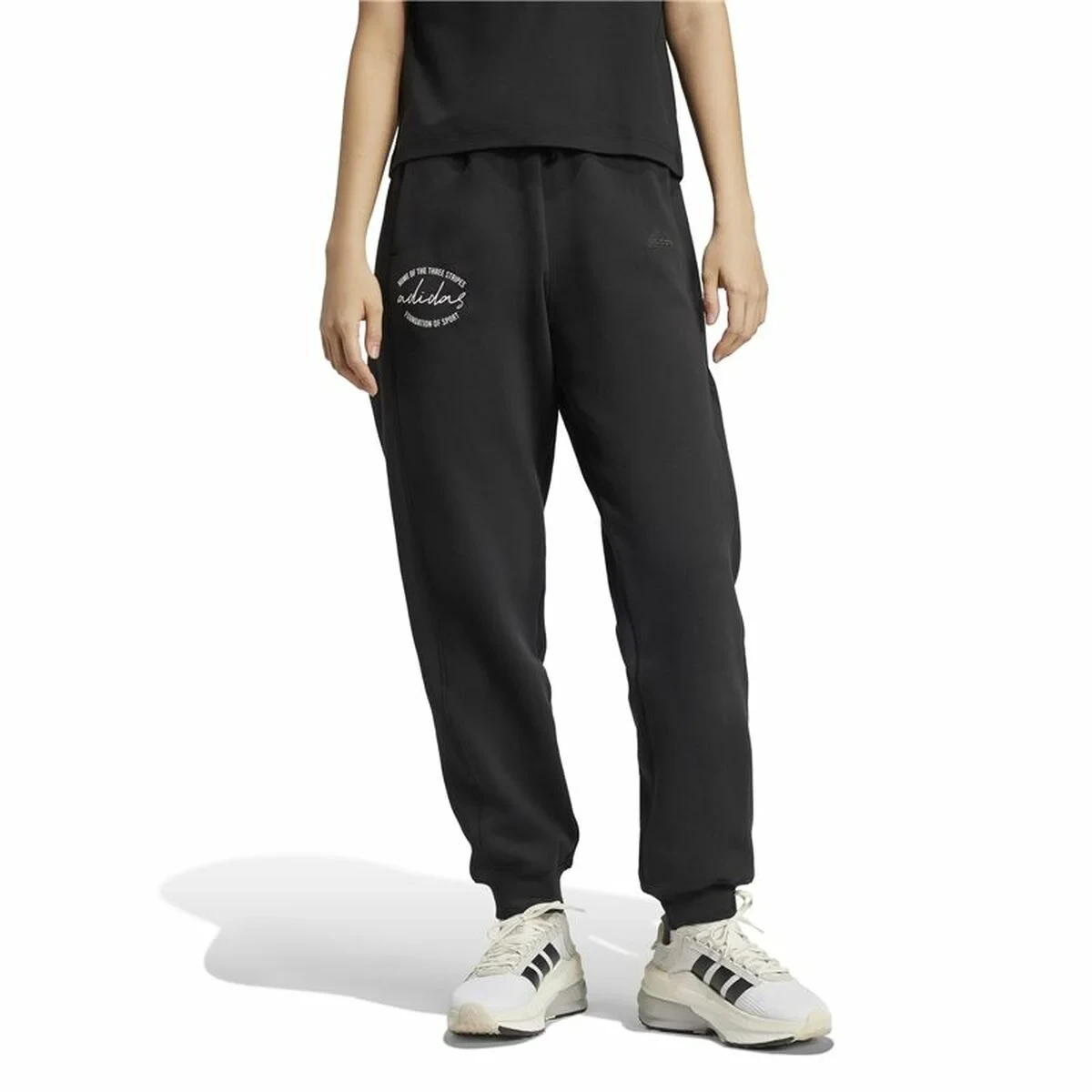 Pantalón Largo Deportivo Adidas Signature Graphic Print Fleece Loose Negro Mujer