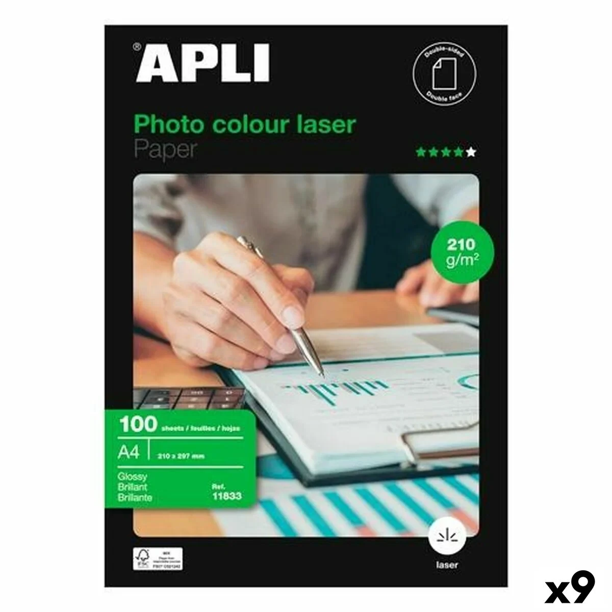 Papel Fotográfico Brillante Apli Clour Laser A4 100 Hojas (9 Unidades)