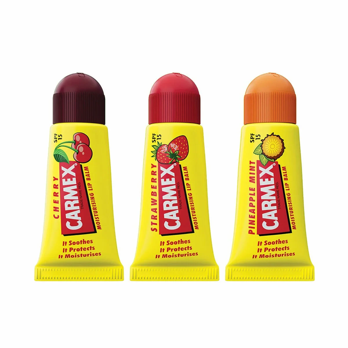 Bálsamo Labial Hidratante Carmex Triplo Transparente Spf 15 Fresa Piña Cereza 3 Piezas (3 Unidades)