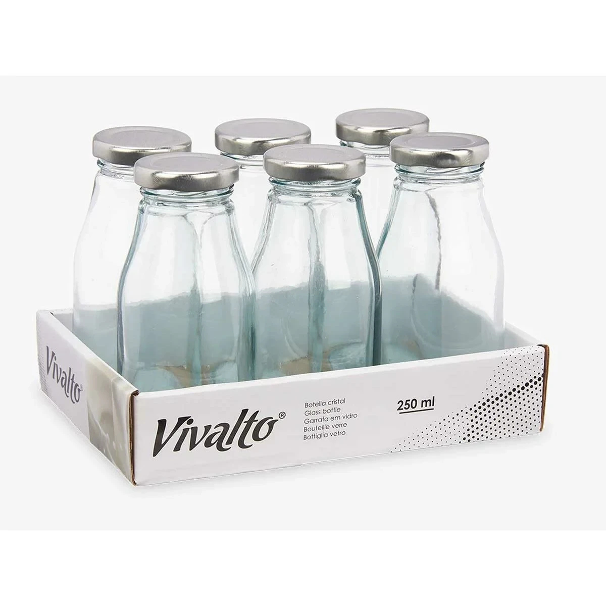 Botella de Cristal Vivalto Transparente Plateado PVC Metal Vidrio 250 ml (6 Unidades)