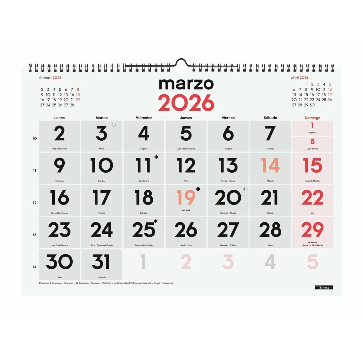 Calendario de pared Finocam Papel 43 x 31 cm