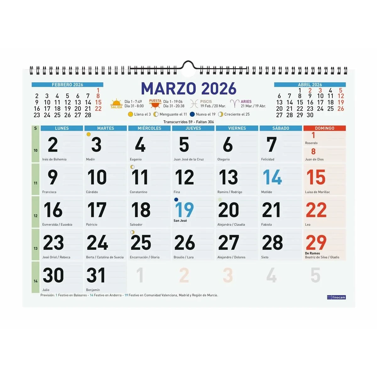 Calendario de pared Finocam Multicolor Papel 43 x 31 cm
