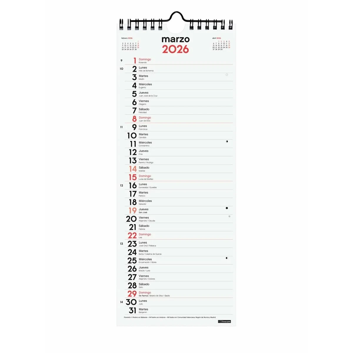 Calendario de pared Finocam Papel 2026 13 x 33 cm