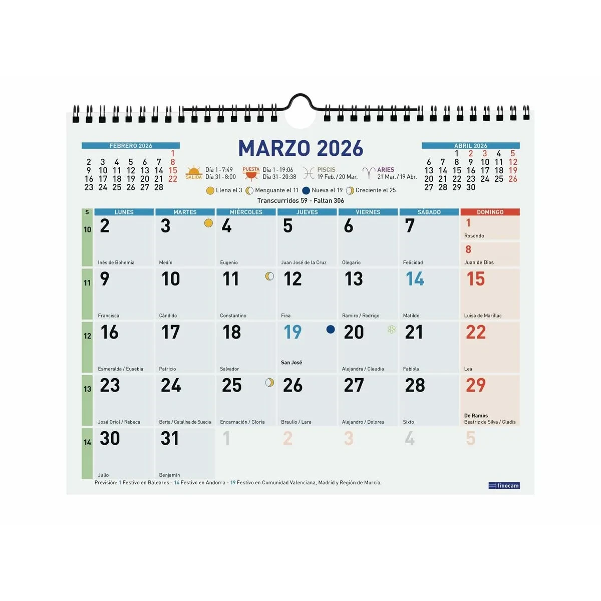 Calendario de pared Finocam Multicolor Papel 2026 30 x 24,7 cm