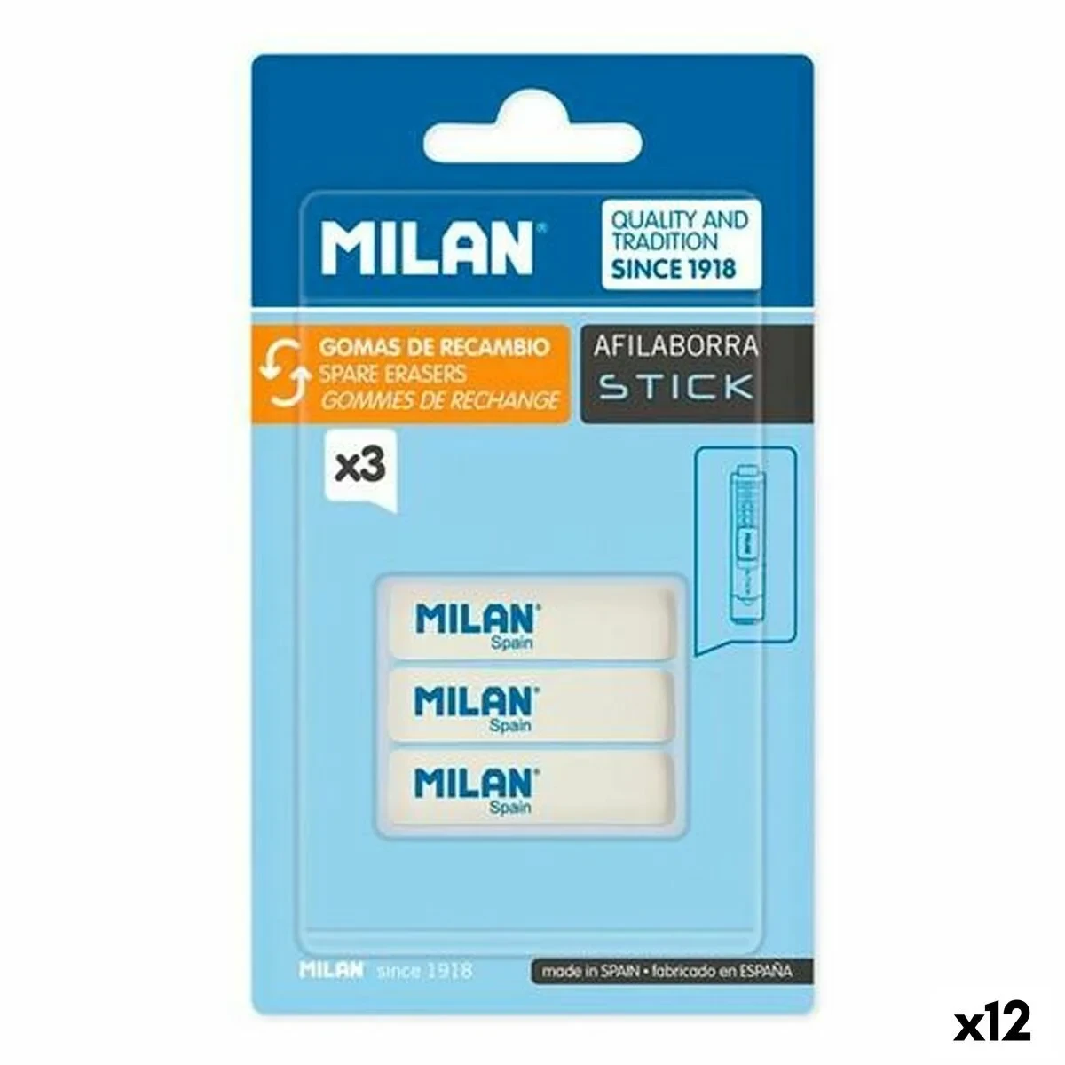 Set de Gomas de Borrar Milan AFILABORRA STICK Blanco 3 Piezas (12 Unidades)