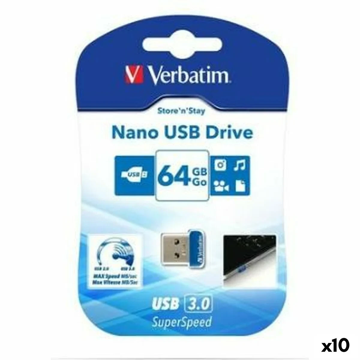 Memoria USB Verbatim NANO STORE'N'STAY Azul Negro 64 GB (10 Unidades)