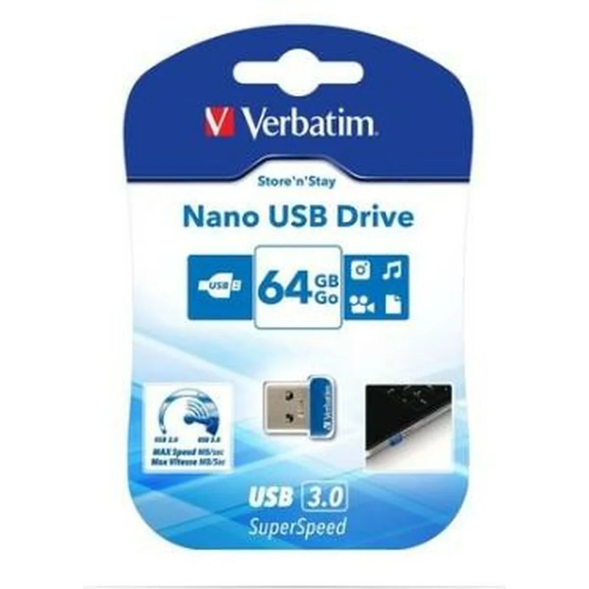 Memoria USB Verbatim NANO STORE'N'STAY Azul Negro 64 GB (10 Unidades)