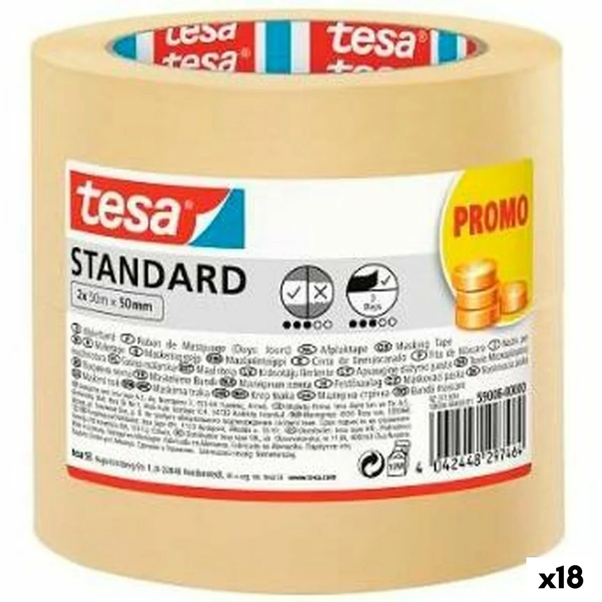 Cinta de enmascarar TESA STANDARD Amarillo Papel 50 mm x 50 m 2 Piezas (18 Unidades)