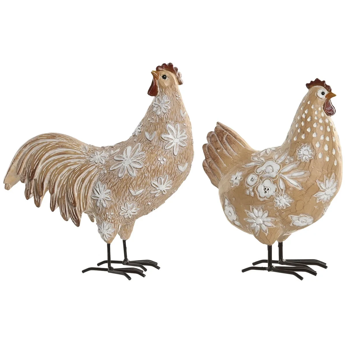 Figura Decorativa Home ESPRIT Blanco Natural Gallina Gallo 22,5 X 10 X 23,5 CM (2 Unidades)